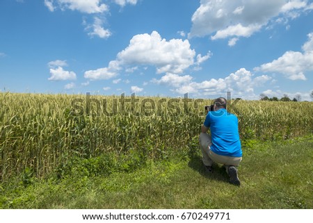 Man Taking a Picture of a Wheat Field on a Sunny Day