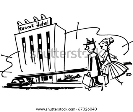 Couple Arriving At Hotel - Retro Clipart Illustration