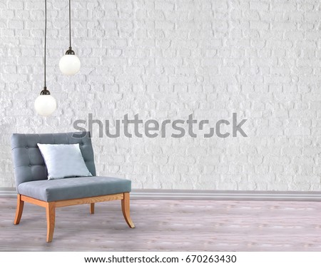 living room brick wall decorative interior design and gray sofa, modern lamps