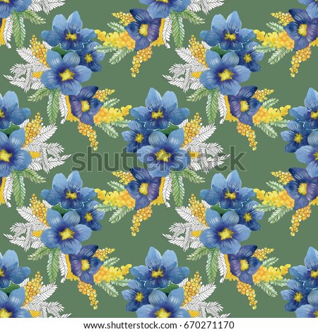 Seamless pattern of blue and yellow watercolor flowers on green background