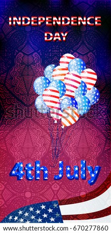Independence Day United States. Vector illustration for your design.
Flag of america and balloons flying across the sky. Pattern background pink. Vertical orientation. Illustration for your design.