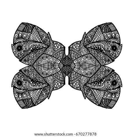 Abstract pattern butterfly stylized symmetrical monochrome. The background is light. Vector illustration for your design. Black pattern on white. A pattern by hand. Sketch.