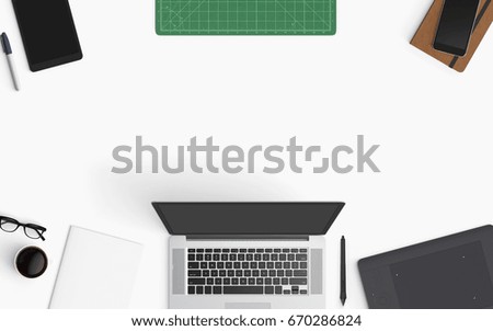 Modern workspace with laptop, coffee cup, graphic tablet and smartphone copy space on color background. Top view. Flat lay style.