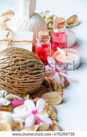 Concept of spa treatment on the wooden background.