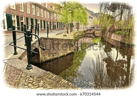 Urban scene in Amersfoort with typical local architecture. Embankment in the historical center of Amersfoort in the Netherlands. Vintage style toned picture
