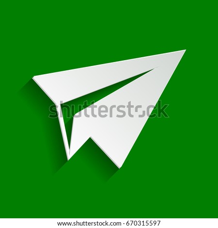 Paper airplane sign. Vector. Paper whitish icon with soft shadow on green background.
