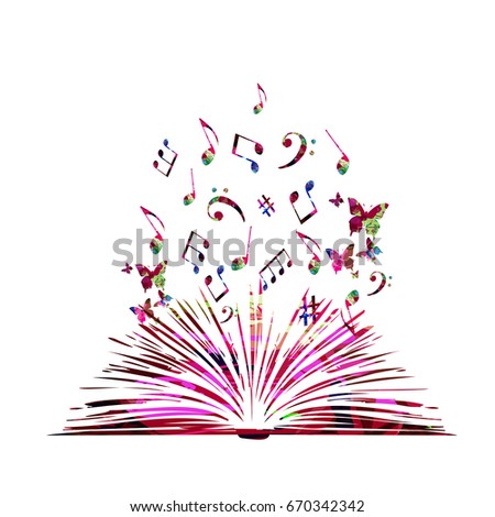 Colorful open book with music notes isolated vector illustration