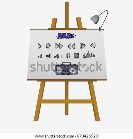 Hand free drawn tape recorder and buttons on easel. Vector illustration white isolated