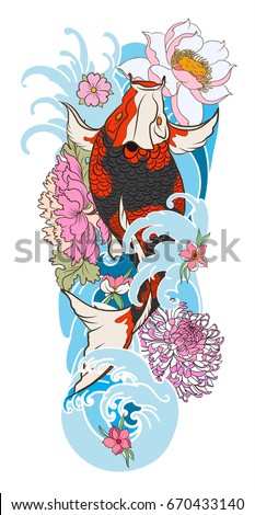 Tattoo for Arm and body paint. Colorful Koi carp with Water splash,lotus,Sakura blossom and peony flower.Japanese tattoo style and illustration for coloring book.isolate on white background.