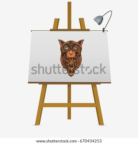 Decorative owl. Hand drawn vector stock illustration on easel