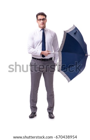 Young businessman with umbrella isolated on white