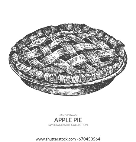 Hand drawn apple pie with ink and pen. Vintage black and white illustration. Sweet and dessert vector element.