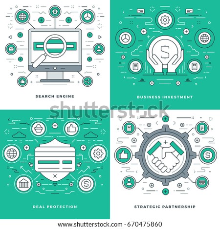 Flat line Search Engine, Investment, Deal Protection Business Concepts Set Vector illustrations. Modern thin linear stroke vector icons. Website Header Graphics, Banner, Infographics Design.