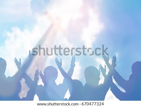 soft focus of christian people group raise hands up worship God Jesus Christ together in church revival meeting with image of wooden cross over cloudy sky can be used for Christian worship background Royalty-Free Stock Photo #670477324