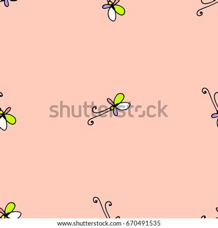 Seamless butterfly cartoon pattern delicate pastel colors. Butterfly cartoon pattern in thin line style. Infinitely repeating motif of natural forms. Vector illustration.