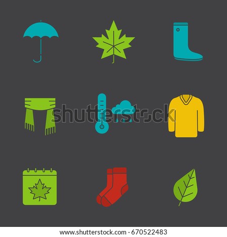 Autumn glyph color icon set. Umbrella, warm socks, maple leaf, watertight, scarf, sweater, autumn weather and calendar. Silhouette symbols on black backgrounds. Negative space. Vector illustrations