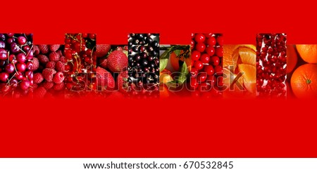 Cherries, raspberries, redcurrants, strawberries, blackcurrants, tangerines, orange pieces, pomegranate seeds and mandarins inside ten fading rectangles, all arranged in zigzag, on red background