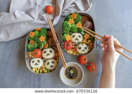 Fun and easy homemade vegetarian meal with animated shapes food / Panda Bento Box / Meat-free diet for a healthy and clean living lifestyle,ideal for weight watcher,busy working couples
