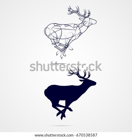 Raster version. Running Horned Deer Silhouette with Sketch Template on Gray

