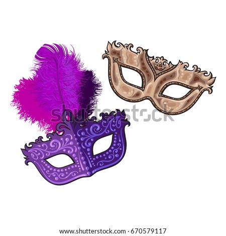 Two decorated Venetian carnival masks, one with feathers, another with golden ornaments, sketch vector illustration isolated on white background. Realistic hand drawing of two carnival, Venetian mask
