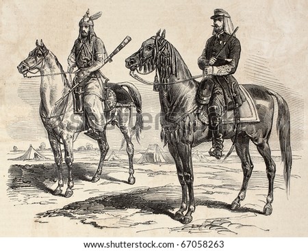 French officer and Persian cavalier during French mission in Persia. Original, by drawing of E. Duhousset, was published on "L'Illustration, Journal Universel", Paris, 1860