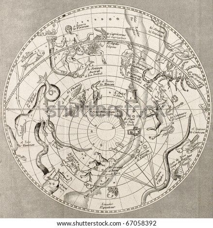 Antique illustration of  Celestial Planisphere (southern hemisphere) with constellations. Original engraving, Taillart sculp., is datable to the half of 19th c.