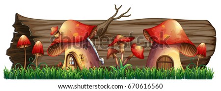 Mushroom houses by the log illustration