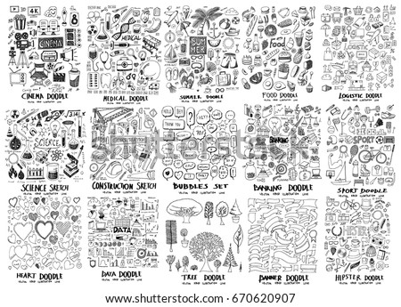 MEGA set of icon doodles of movie, hospital, summer, food, science, construction, bubble, banking, heart, data, tree, banner, hipster, sport, logistic Royalty-Free Stock Photo #670620907