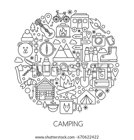 Camping, hiking tools and Equipment infographic in circle - concept line vector illustration for cover, emblem, badge. Outline icons set.
