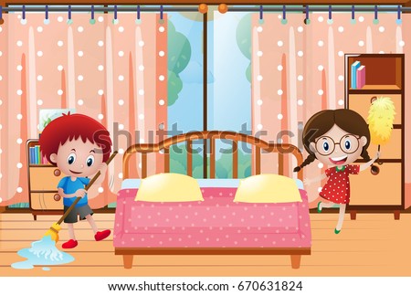 Two kids cleaning the bedroom illustration
