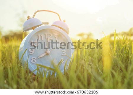 Retro alarm clock over green grass outdoors in the park.