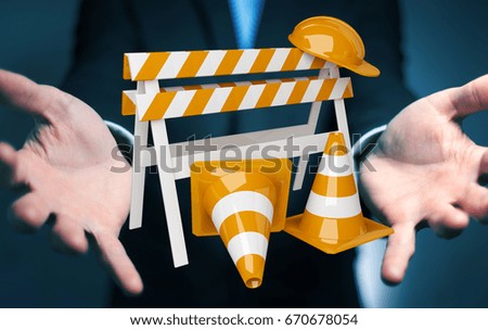 Businessman on blurred background using digital 3D rendering under construction signs