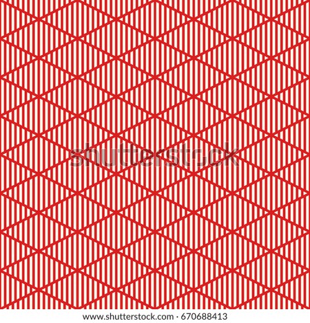 White striped rhombuses on red background. Rhombic wallpaper. Seamless surface pattern design with linear ornament. Diamonds motif. Digital paper with dashed stripes for textile print. Vector art.
