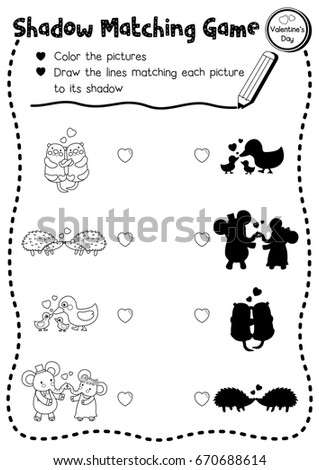 Shadow matching game of animals for preschool kids activity worksheet in Valentines Day theme coloring printable version layout in A4.