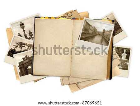Grunge background with old notebook and photos