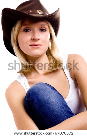 pretty western woman in hat closeup on white background