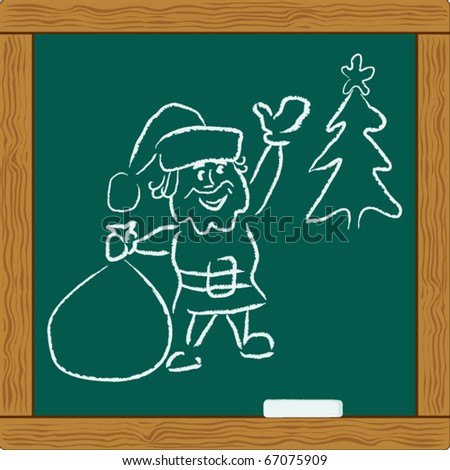 blackboard with chalk scribbles draw of Happy Santa Claus and xmas tree