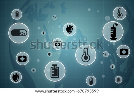 Concept health care. Medical Icons with urban cityscape Background. World health day and medical technology network concept.