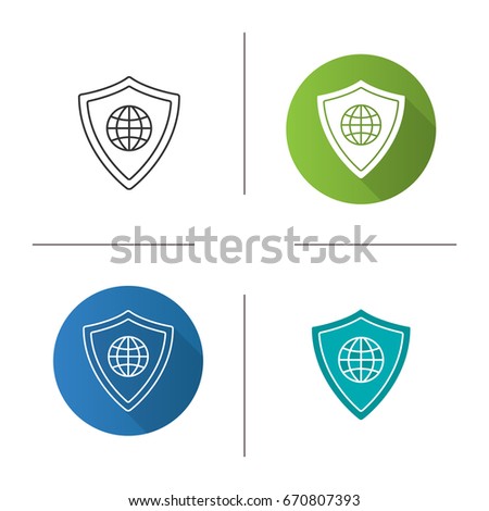 Network security icon. Flat design, linear and glyph color styles. Protection shield with globe model. Isolated vector illustrations