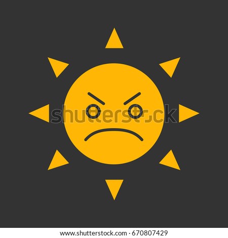 Angry sun smile glyph color icon. Bad mood. Frowned sun face. Silhouette symbol on black background. Negative space. Vector illustration