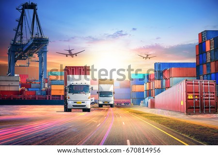 Logistics import export background and transport industry of Container Cargo freight ship and Cargo plane at seaport Royalty-Free Stock Photo #670814956