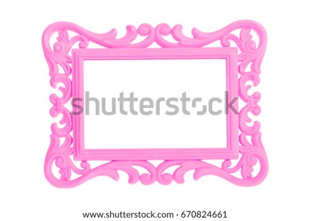 Modern plastic bright pinkpicture frame with antique styling isolated on white background.