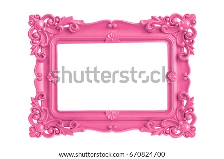 Modern plastic bright pink picture frame with antique styling isolated on white background.