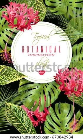 Vector botanical vertical banner with tropical leaves and red exotic flowers on black background. Design for cosmetics, spa, health care products, perfume. Can be used as wedding, summer background