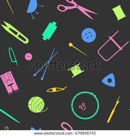 Tools  for needlework, sewing and knitting. Seamless pattern of the sewing industry. Vector illustration.