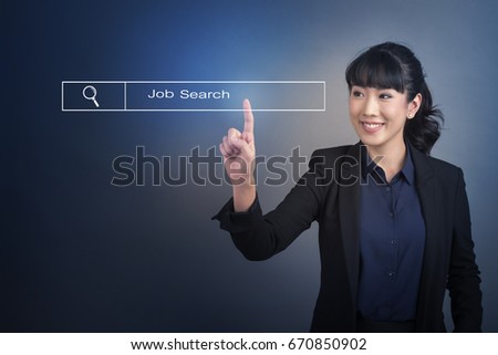 Beautiful Business Woman touching web search bottom sign on virtual screen