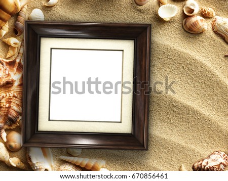 Pictue frame on shells and sand background. Copy space.