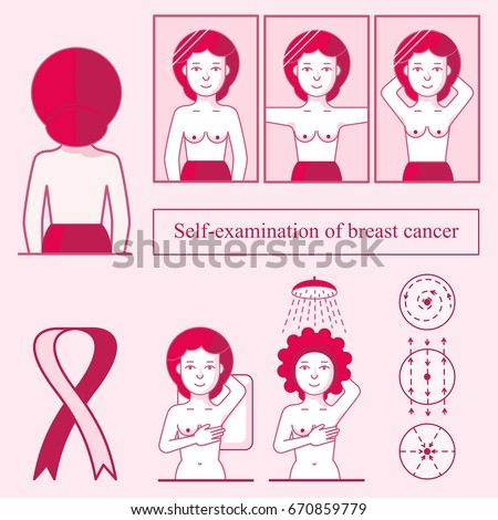 Self examination of breast cancer. Infographic. Pink ribbon. Vector illustration in flat linear style. Healthcare poster or banner template.
