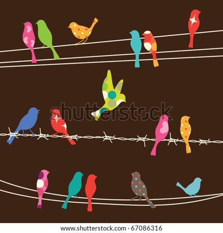 Vector illustration of colorful birds on wires.