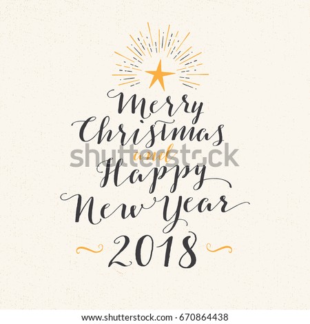 Handmade style greeting card - Merry Christmas and Happy New Year 2018 - Vector EPS10.
